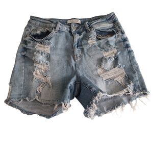 Judy Blue 1XL Distressed Mid Thigh Blue Denim Shorts